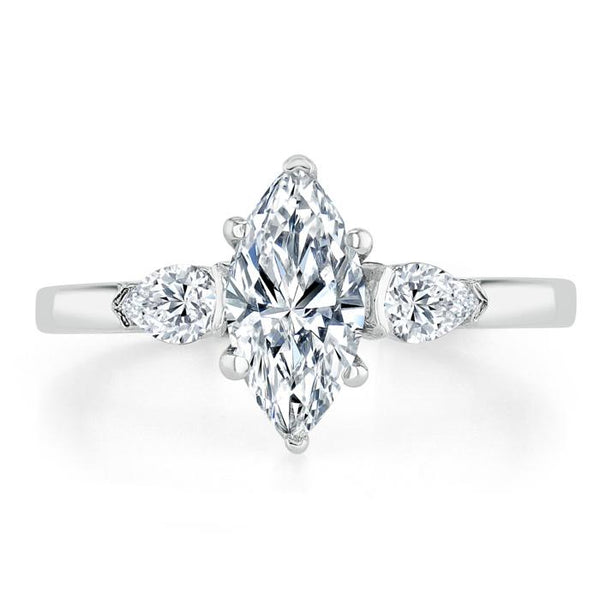 1.30ct  Maquise Cut Moissanite 3 stone Engagement Ring,  Available in White Gold, Platinum, Rose Gold or Yellow Gold