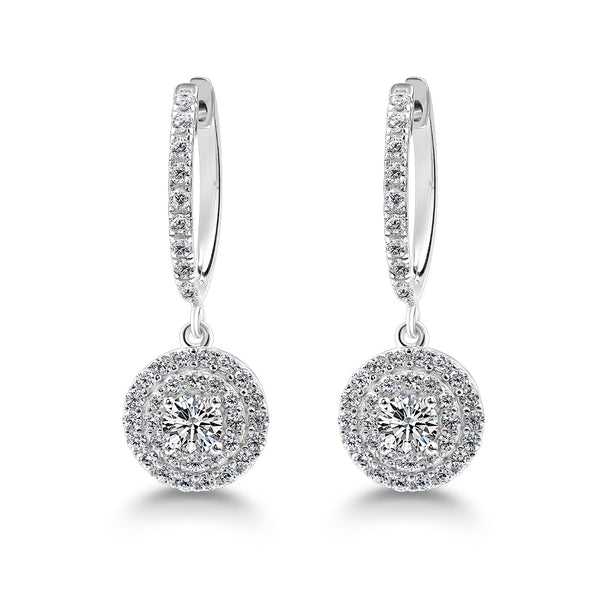 Round Drop Diamond Halo Earrings, 925 Sterling Silver