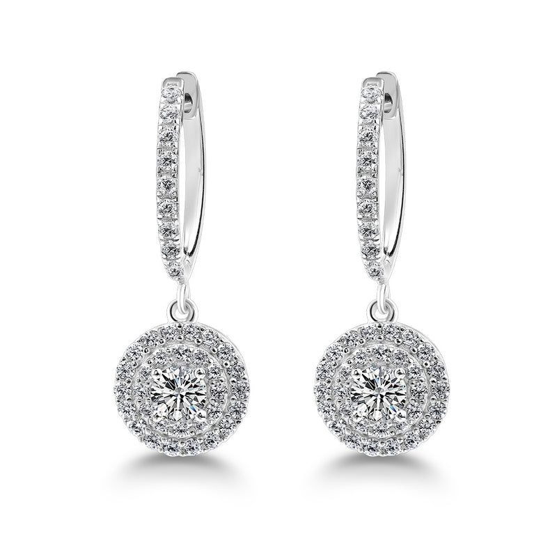 Round Drop Diamond Halo Earrings, 925 Sterling Silver