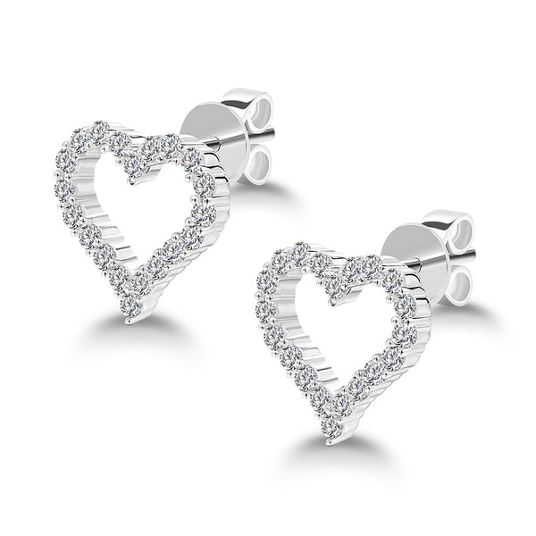 Diamond Heart Stud Earrings, 925 Sterling Silver