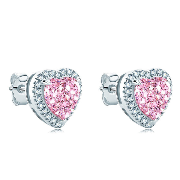 3.50ct Pink Diamond Heart Halo Stud Earrings, 925 Sterling Silver