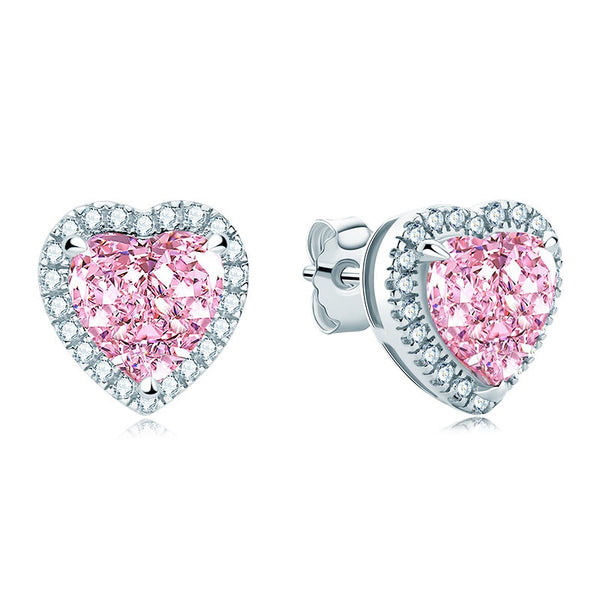 3.50ct Pink Diamond Heart Halo Stud Earrings, 925 Sterling Silver