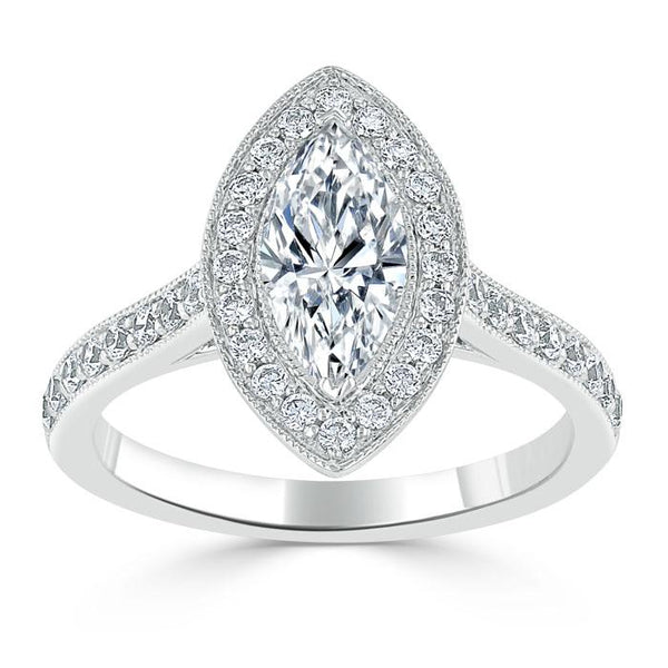 Lab-Diamond Marquise Cut Halo Engagement Ring, Tiffany Style, Choose Your Stone Size and Metal