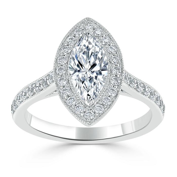 1.35ct Marquise Cut Moissanite Halo Engagement Ring, Tiffany Style,  Available in White Gold, Platinum, Rose Gold or Yellow Gold