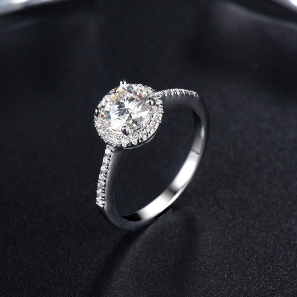 1.00ct Moissanite Engagement Ring, Classic Halo Setting with Stone Set Shoulders , Sterling Silver & Platinum