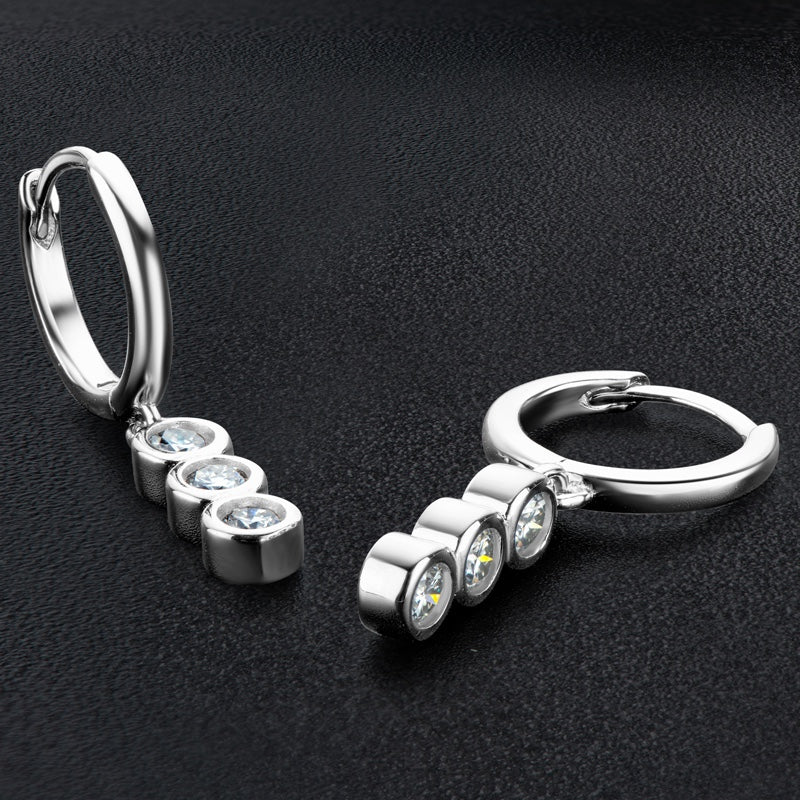 3 Stone Moissanite Drop Earrings, 925 Sterling Silver