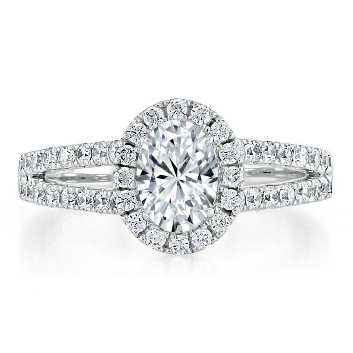 1.60ct Oval Cut Moissanite Halo Engagement Ring, Tiffany Style,  Available in White Gold, Platinum, Rose Gold or Yellow Gold