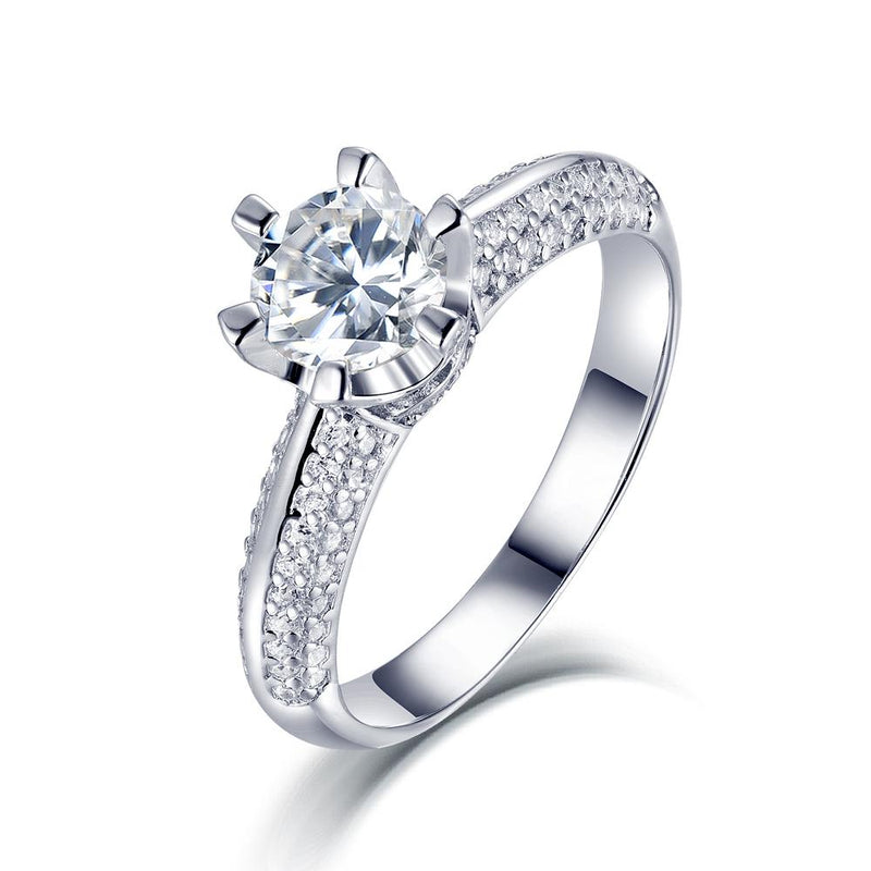 1.00ct Moissanite Engagement Ring, Double Row Stone Set Shoulders, Sterling Silver & Platinum