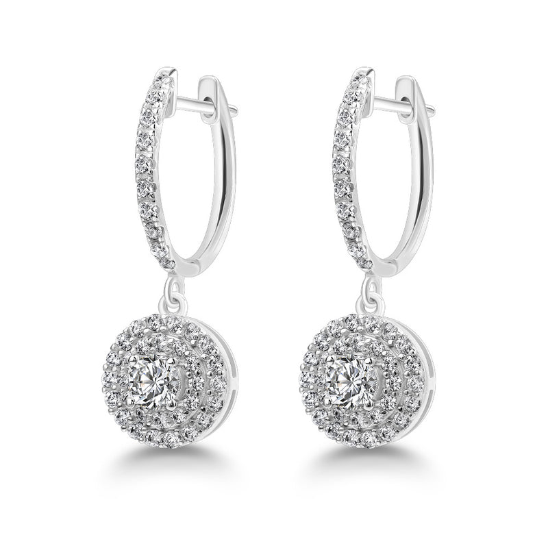Round Drop Diamond Halo Earrings, 925 Sterling Silver