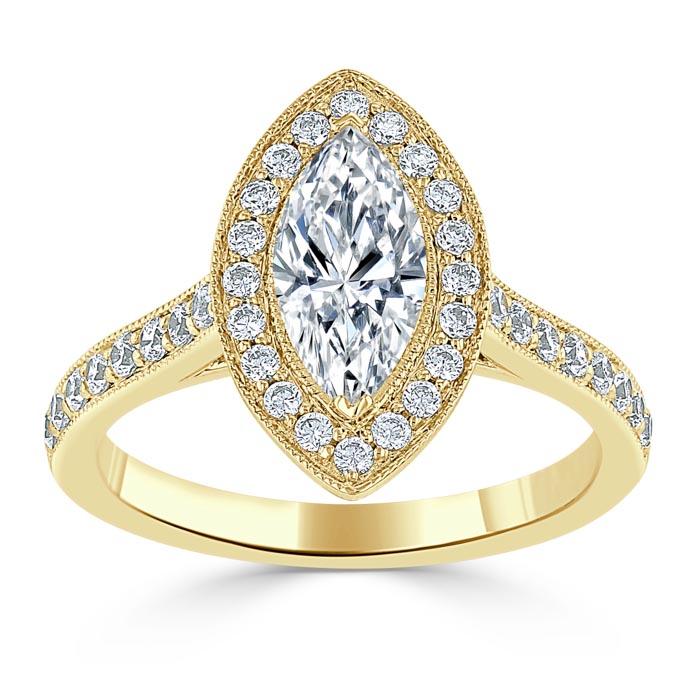 1.35ct Marquise Cut Moissanite Halo Engagement Ring, Tiffany Style,  Available in White Gold, Platinum, Rose Gold or Yellow Gold