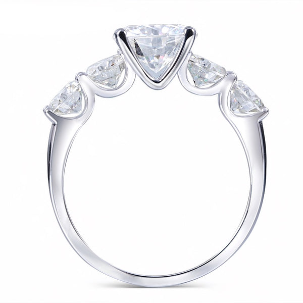 Round Cut Moissanite 5 stone Engagement Ring, Available in All Metals, Choose Your Stone Size