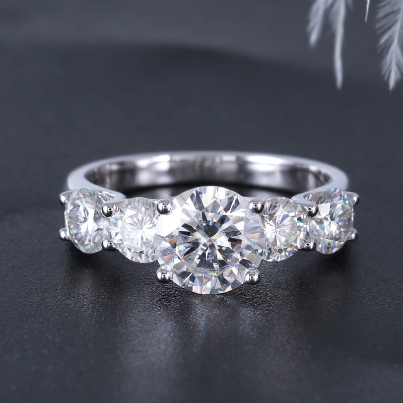 Round Cut Moissanite 5 stone Engagement Ring, Available in All Metals, Choose Your Stone Size