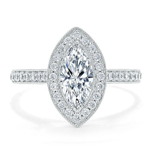 1.35ct Marquise Cut Moissanite Halo Engagement Ring, Tiffany Style,  Available in White Gold, Platinum, Rose Gold or Yellow Gold