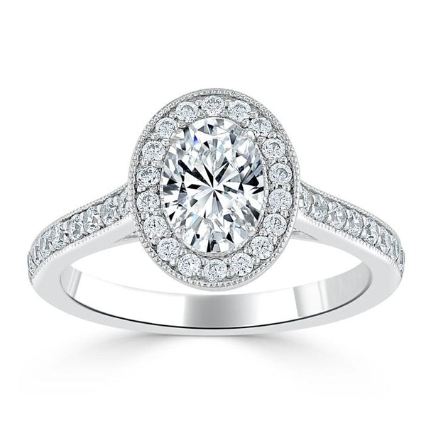 Lab-Diamond Oval Cut Halo Engagement Ring, Tiffany Style, Choose Your Stone Size and Metal