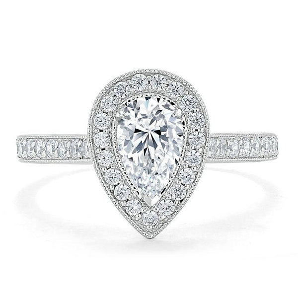 Lab-Diamond Pear Cut Engagement Ring, Classic Halo, Choose Your Stone Size and Metal