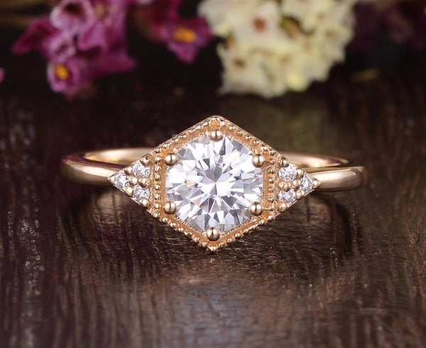 Round Cut Moissanite Engagement Ring, Art Deco Trilogy Design, Choose Your Stone Size & Metal