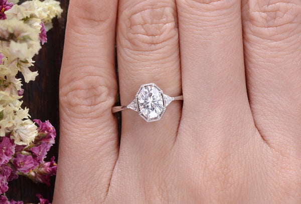 Oval Cut Moissanite Engagement Ring, Edwardian Design, Choose Your Stone Size & Metal