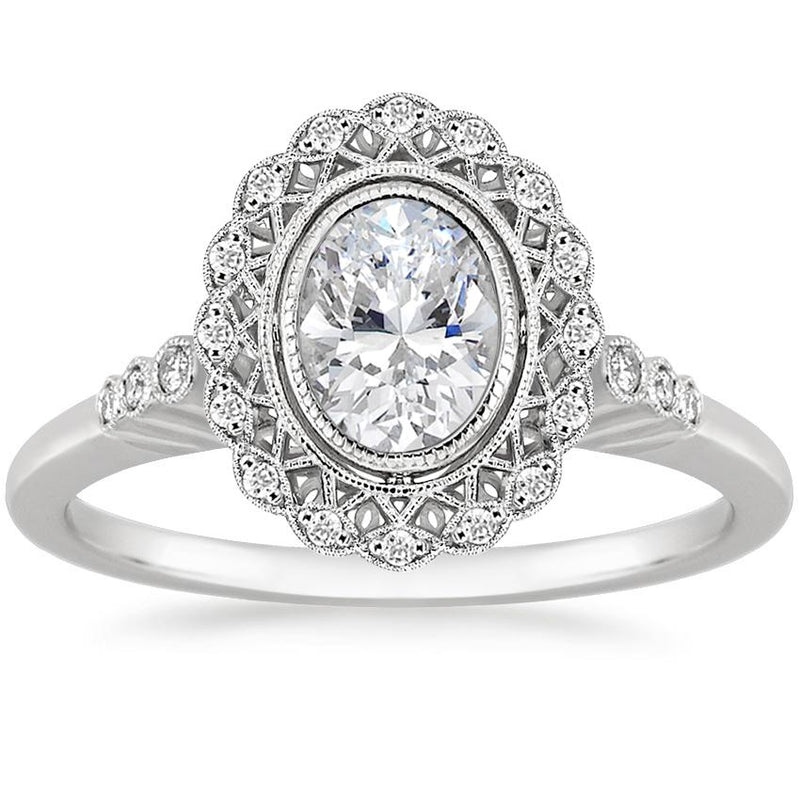 Lab-Diamond, Vintage Oval Cut Halo Engagement Ring, Choose Your Stone Size and Metal