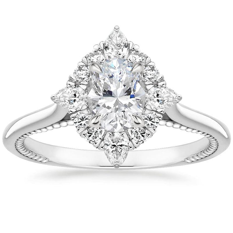 Lab-Diamond Vintage Oval Cut Halo Engagement Ring, Choose Your Stone Size and Metal