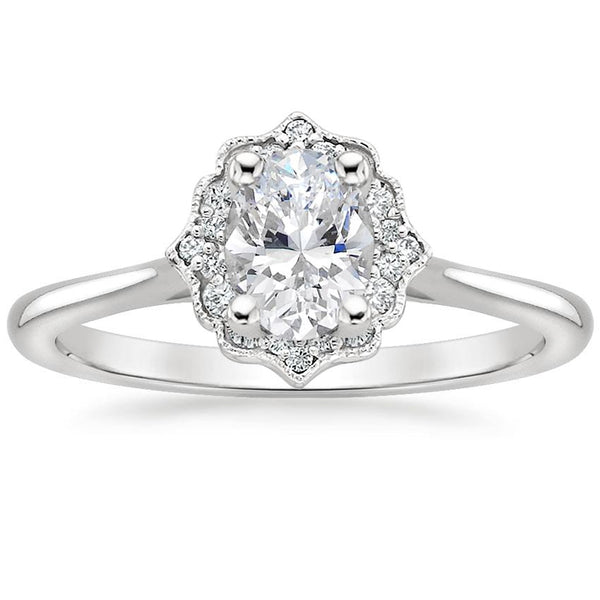 Lab-Diamond Vintage Oval Cut Halo Engagement Ring, Choose Your Stone Size and Metal