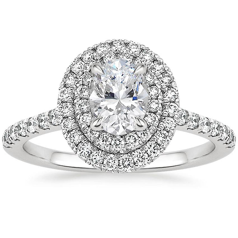 1.75ct Oval Cut Moissanite Double Halo Engagement Ring, Tiffany Style,  Available in White Gold, Platinum, Rose Gold or Yellow Gold
