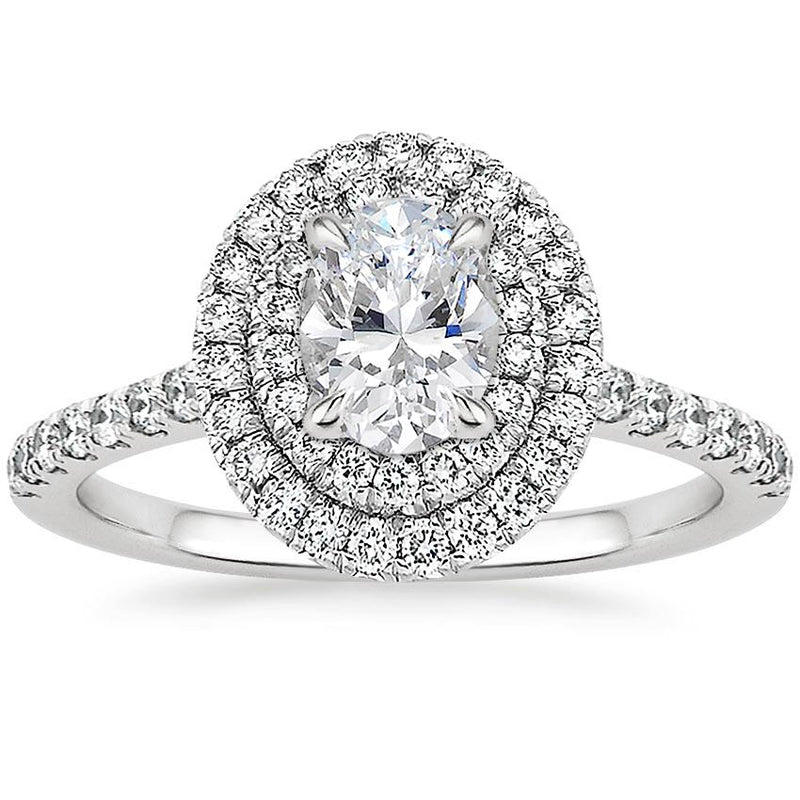 Lab-Diamond Oval Cut Double Halo Engagement Ring, Tiffany Style, Choose Your Stone Size and Metal