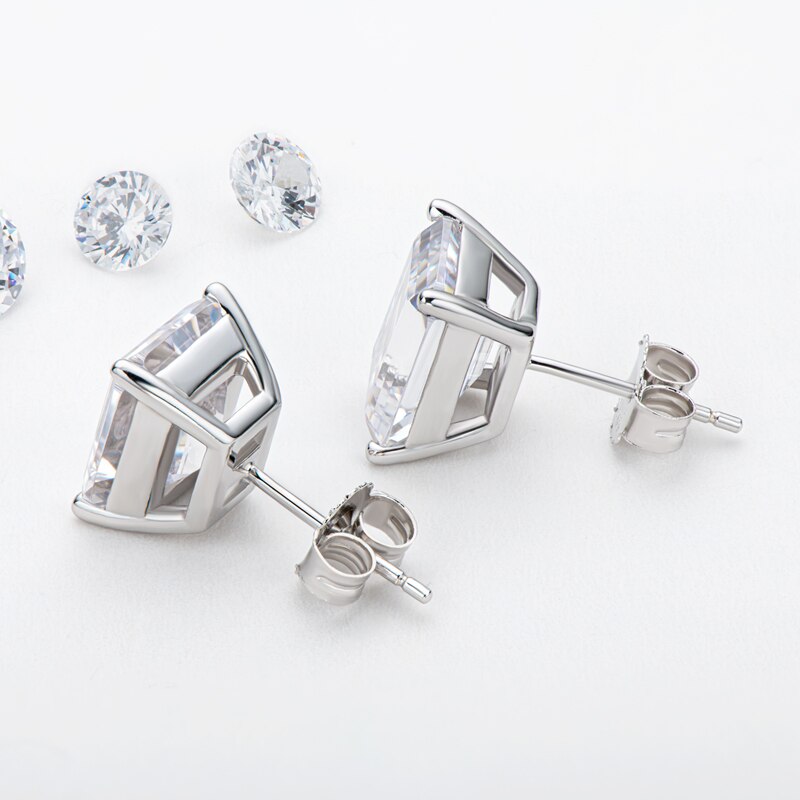 Classic Emerald Cut Diamond Stud Earrings, 925 Sterling Silver