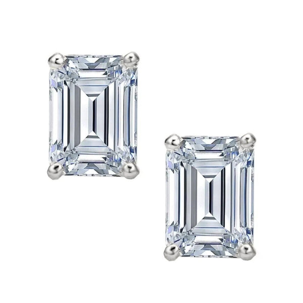 Classic Emerald Cut Diamond Stud Earrings, 925 Sterling Silver