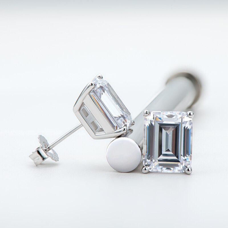 Classic Emerald Cut Diamond Stud Earrings, 925 Sterling Silver