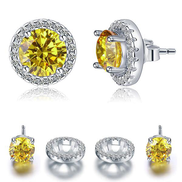 1.25ct each, Classic Yellow Diamond Halo Stud Earrings, Round cut, 925 Sterling Silver