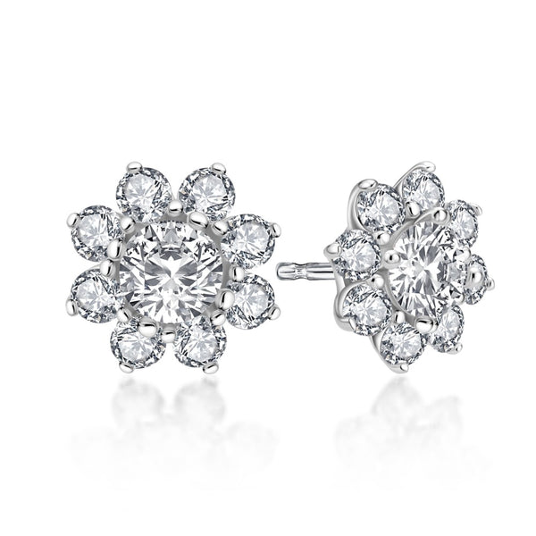 Daisy Cluster Diamond Stud Earrings, 925 Sterling Silver