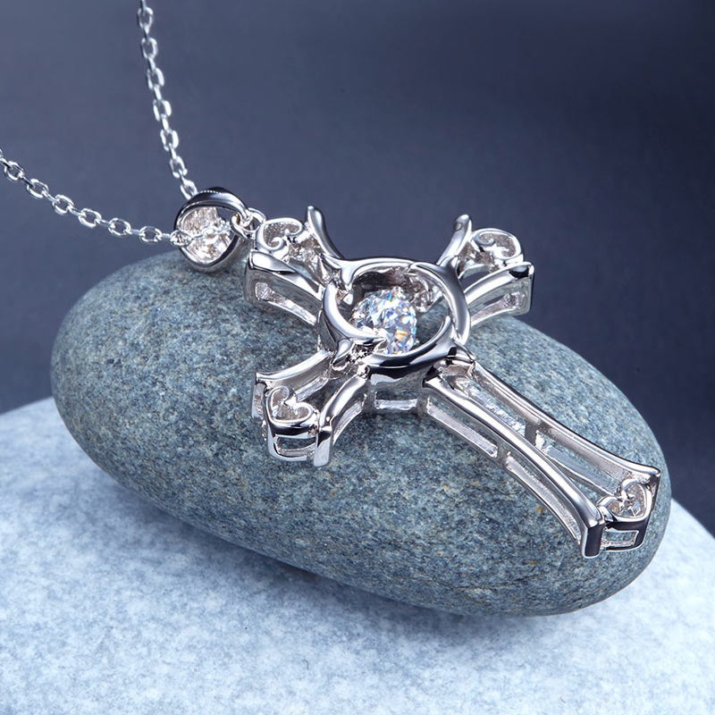 Dancing Stone Cross Pendant, Diamond Simulant, Sterling Silver