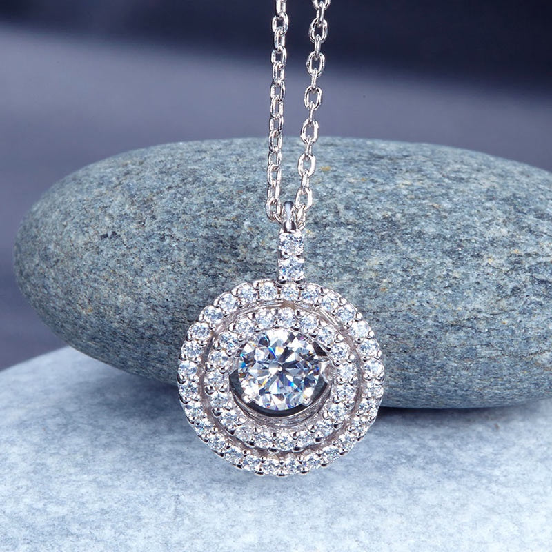 Dancing Stone Halo Pendant, Diamond Simulant, Sterling Silver