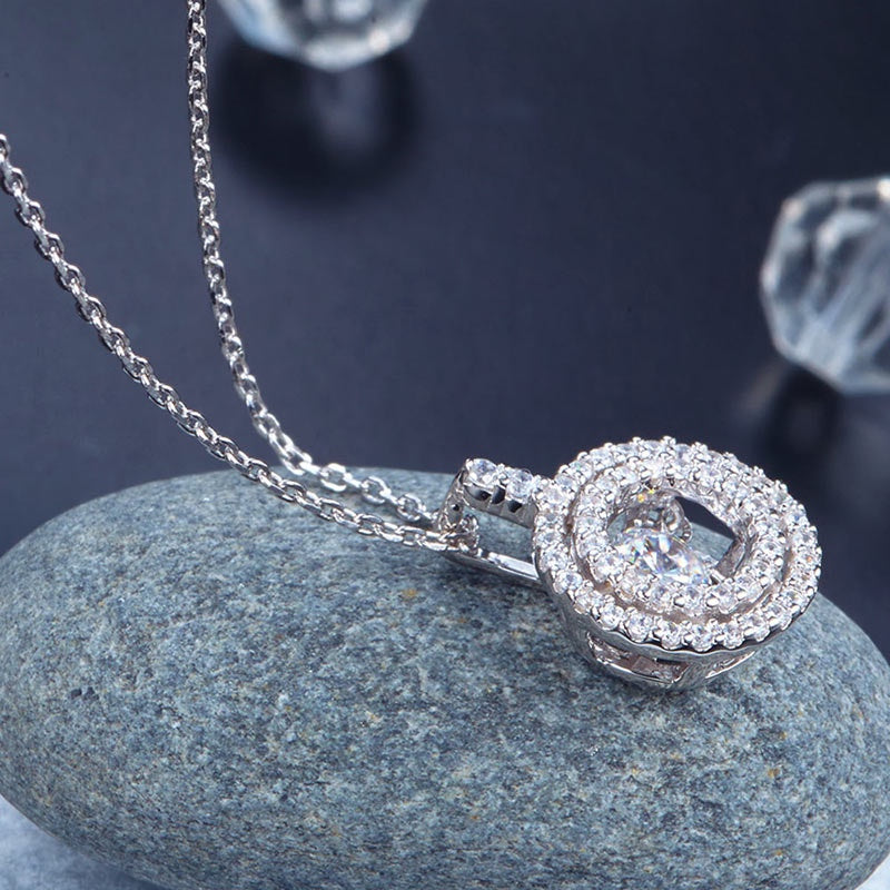 Dancing Stone Halo Pendant, Diamond Simulant, Sterling Silver