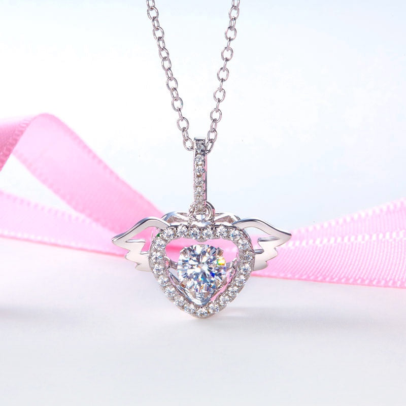 Dancing Stone Heart Angel Wing Pendant, Sterling Silver