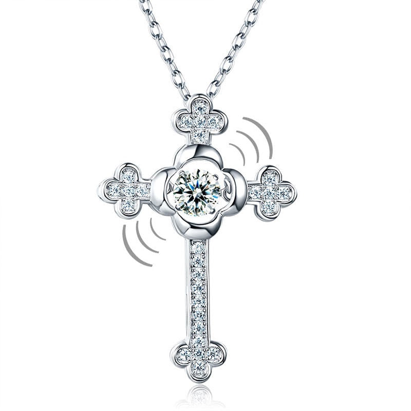 Dancing Stone Cross Pendant, Diamond Simulant, 925 Sterling Silver