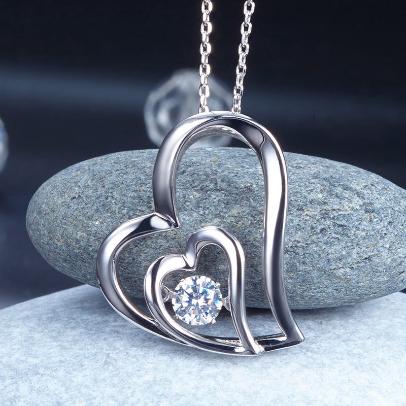 Dancing Stone  Heart Pendant, Diamond Simulant, 925 Sterling Silver