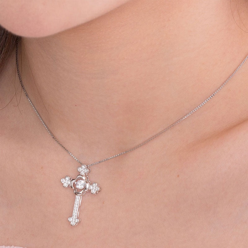 Dancing Stone Cross Pendant, Diamond Simulant, 925 Sterling Silver