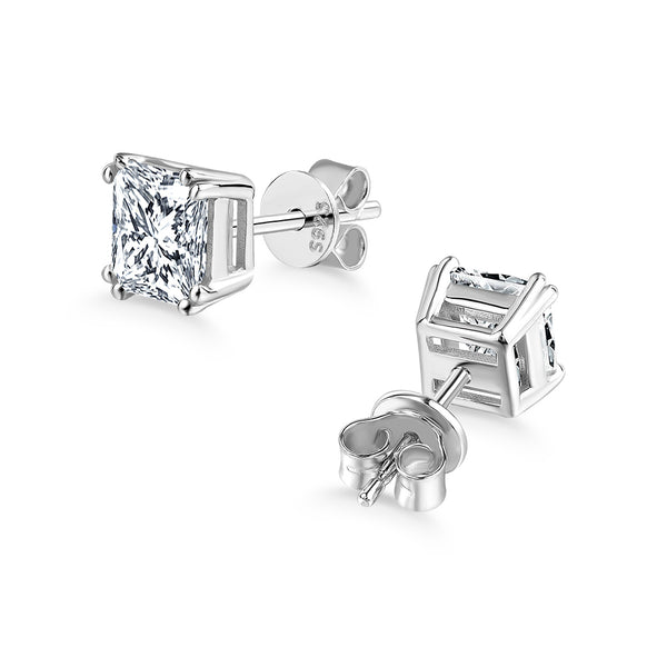 1.00ct each, Princess Cut Moissanite Stud Earrings, 925 Sterling Silver