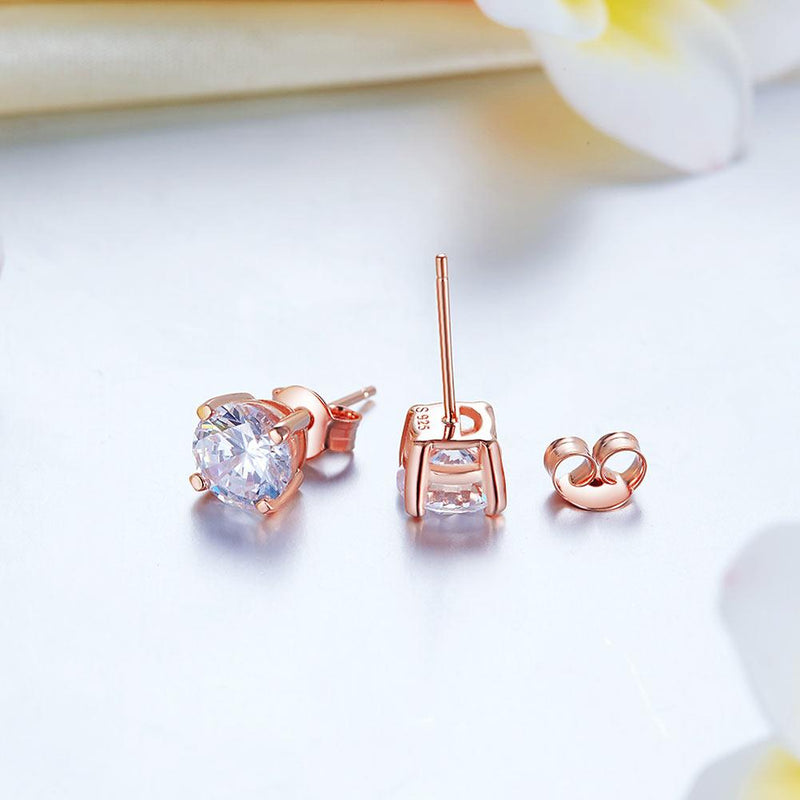 1.00ct each, Rose Gold, Classic Round Cut Diamond Stud Earrings, 925 Sterling Silver