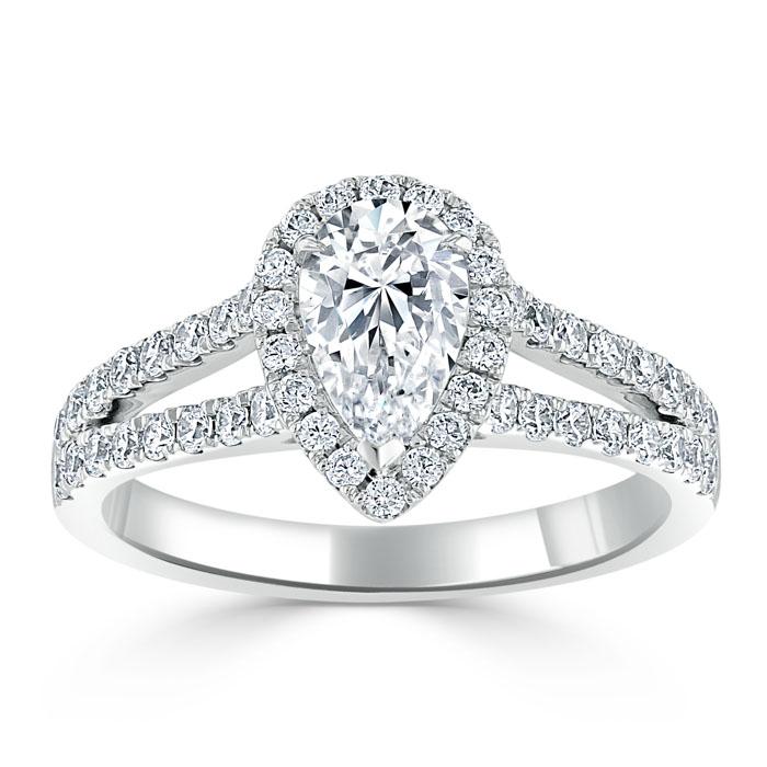 1.60ct Pear Cut Moissanite Engagement Ring, Classic Halo with Split Shank, Available in White Gold, Platinum, Rose Gold or Yellow Gold