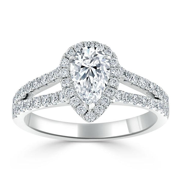 Lab-Diamond Pear Cut Engagement Ring, Classic Halo with Split Shank, Choose Your Stone Size and Metal