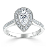 1.40ct Pear Cut Moissanite Engagement Ring, Classic Halo, Available in White Gold, Platinum, Rose Gold or Yellow Gold