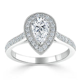 1.40ct Pear Cut Moissanite Engagement Ring, Classic Halo, Available in White Gold, Platinum, Rose Gold or Yellow Gold