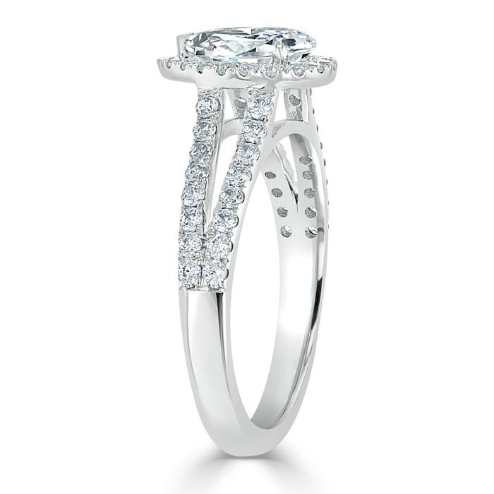1.60ct Pear Cut Moissanite Engagement Ring, Classic Halo with Split Shank, Available in White Gold, Platinum, Rose Gold or Yellow Gold
