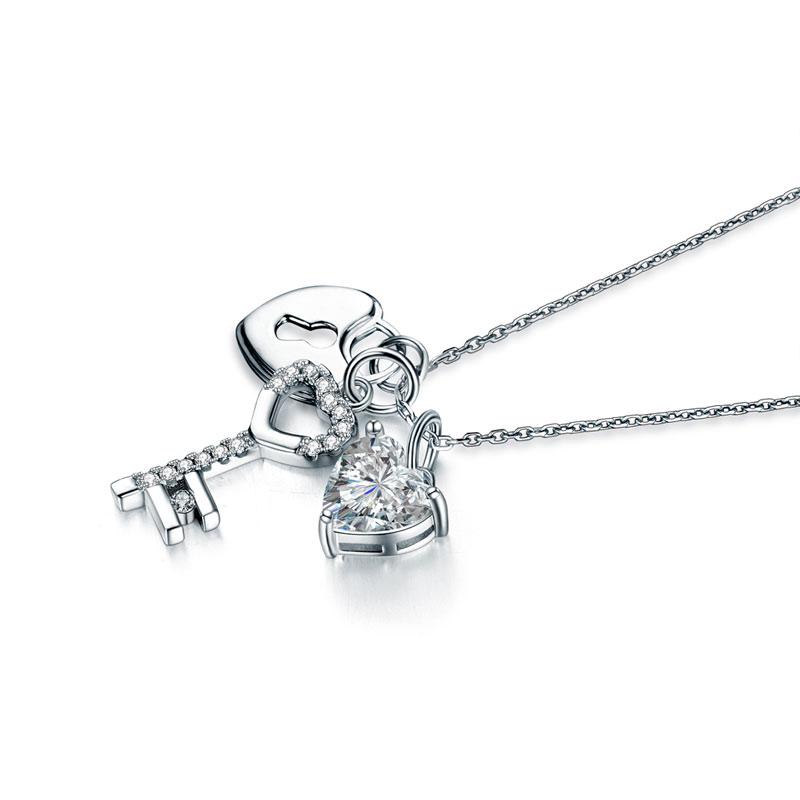 1.50ct Diamond Love Heart Lock & Key Pendant, Heart Diamond Necklace, 925 Silver