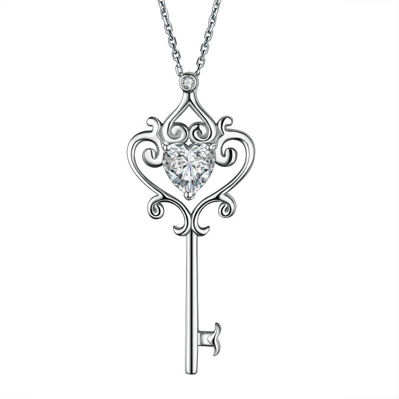 1.50ct Vintage Diamond Love Heart Key Pendant, Heart Diamond Necklace, 925 Silver