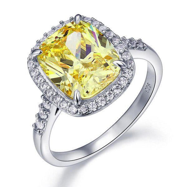 6.00ct Classic Cushion Cut Yellow Diamond Halo Engagement Ring, Diamond Shoulders, 925 Silver