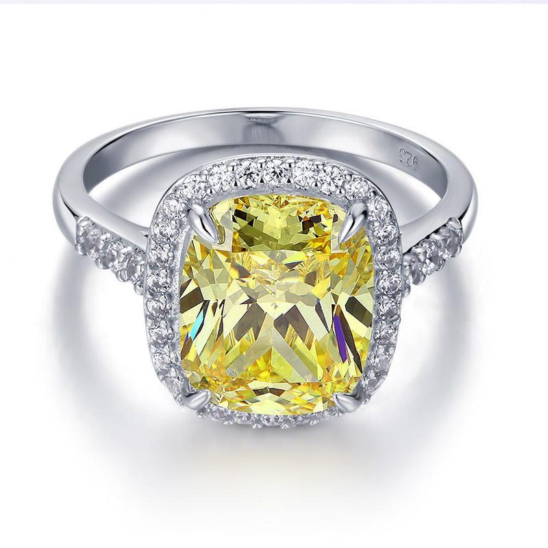 6.00ct Classic Cushion Cut Yellow Diamond Halo Engagement Ring, Diamond Shoulders, 925 Silver