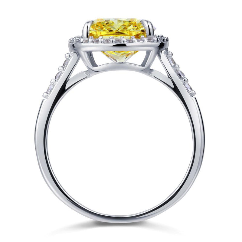 6.00ct Classic Cushion Cut Yellow Diamond Halo Engagement Ring, Diamond Shoulders, 925 Silver